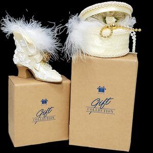 Avon Victorian Boot and Hat Box Set 1999 Christmas Ornament Resin Cream White